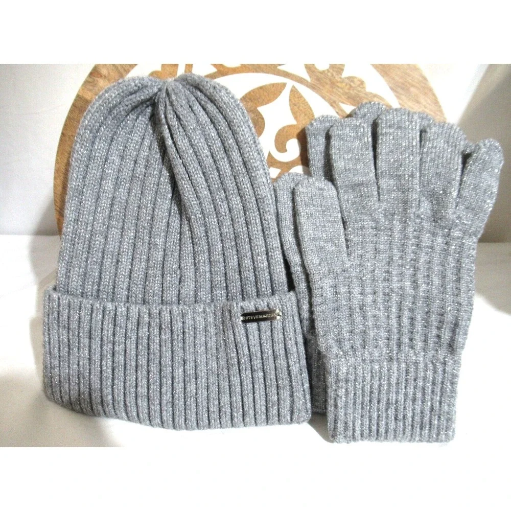 STEVE MADDEN BEANIE & GLOVE SET METALLIC GRAY OSFM